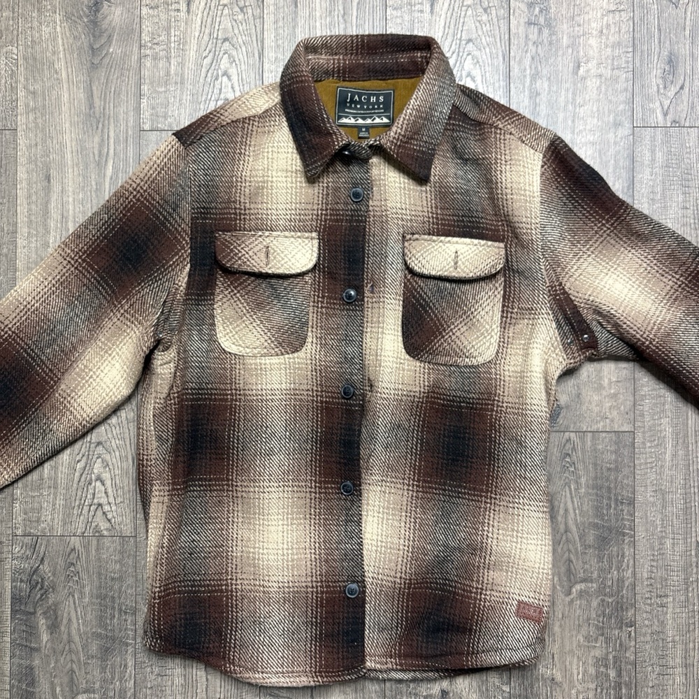 Jachs Men's Tan and Brown Plaid Button Down Shirt